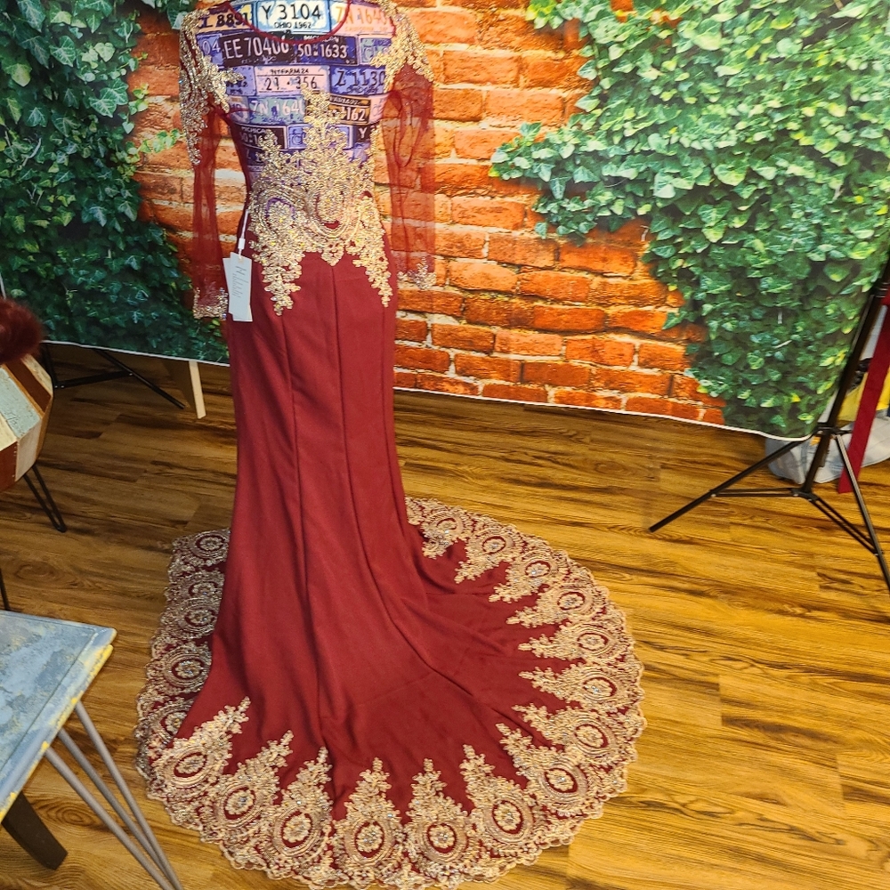 Gorgeous deep red gown with gold colored detailed work & rainbow stones